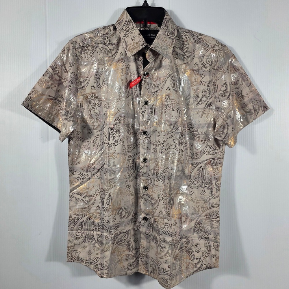 American Breed Mens Smart Shirt Short Sleeve Metallic Paisley Beige Gold Small - Picture 4 of 10